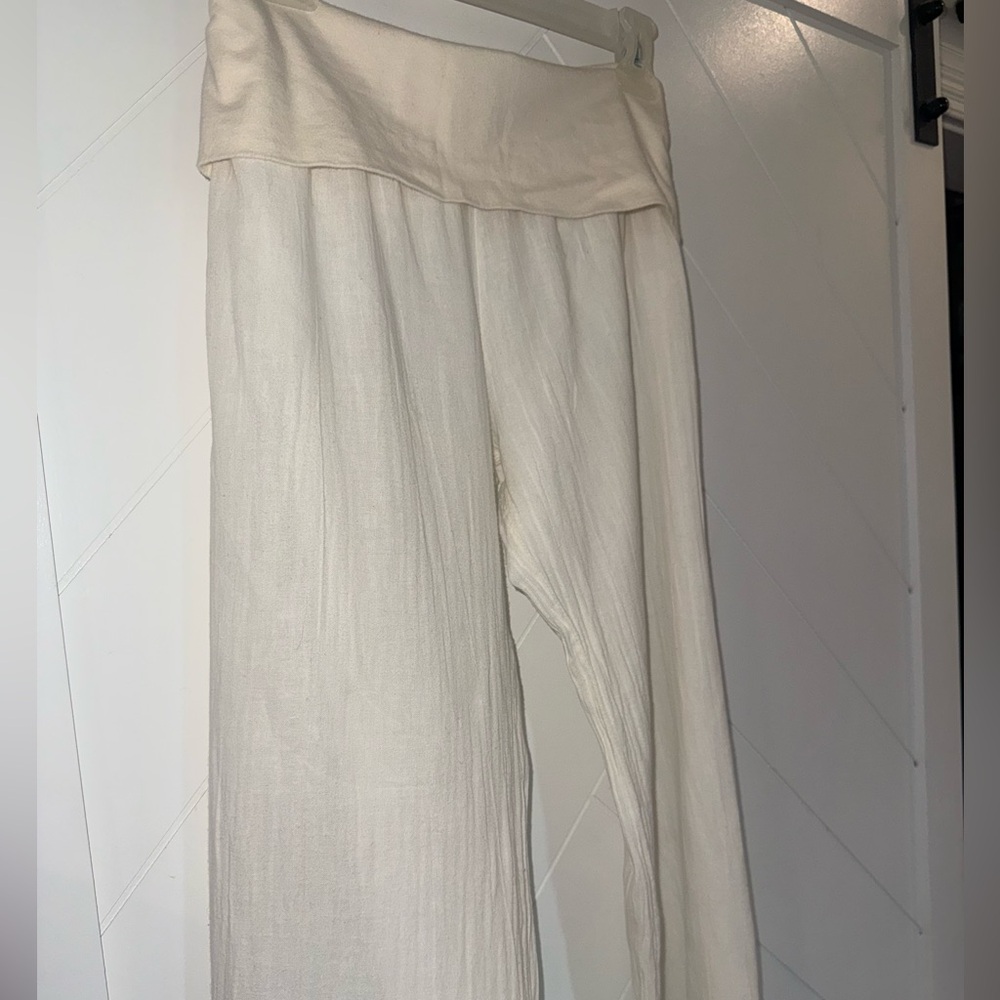 Elan Beach linen cotton gauze flowy fold over jersey modal Pants medium cream - Picture 11 of 12